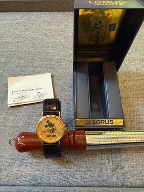 Vintage Lorus Mickey Mouse Gold Tone Women’s Watch with Black Leather Strap